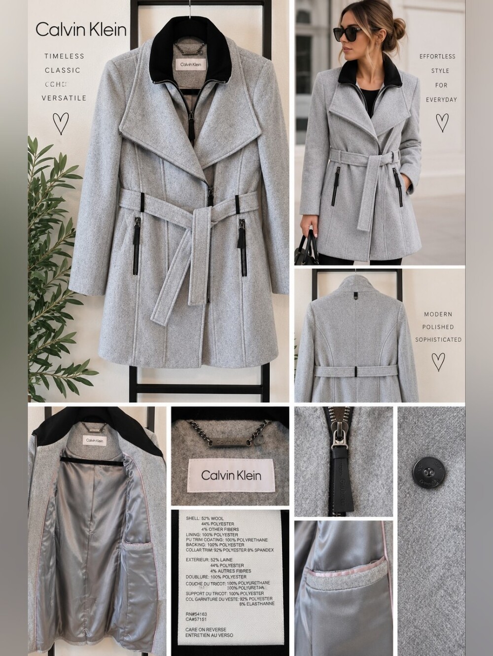 ✨ Calvin Klein Gray Wool Blend Belted Asymmetrical Zip Coat ✨
